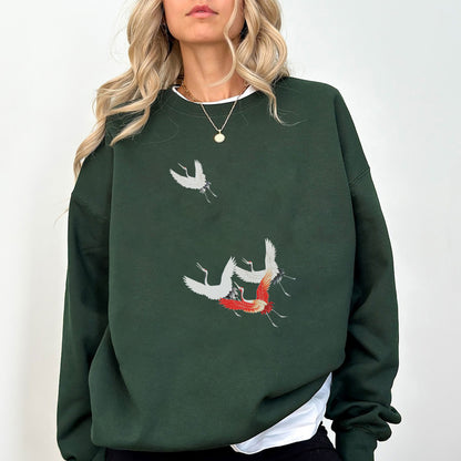 Japanese Crane Sweatshirt – Minimalist Asian Art Bird Graphic Oversized Pullover