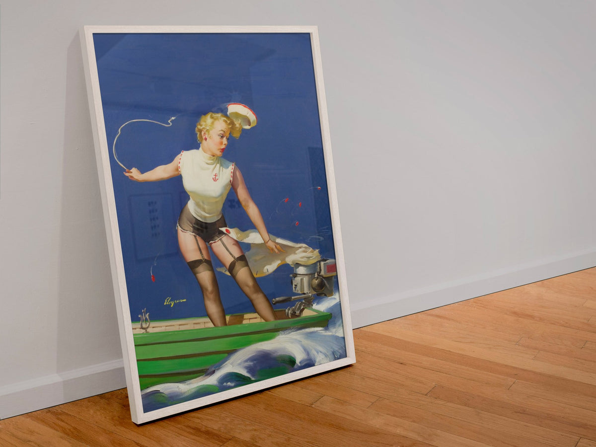 A Fast Takeoff by Gil Elvgren, pin-up poster — leaning frame
