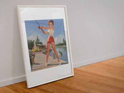 A Good Catch by Gil Elvgren, pin-up poster — leaning frame