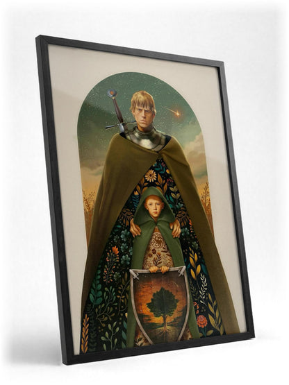 A Knight of the Seven Kingdoms Illustrated Art poster in a black frame with glass leaning against a wall