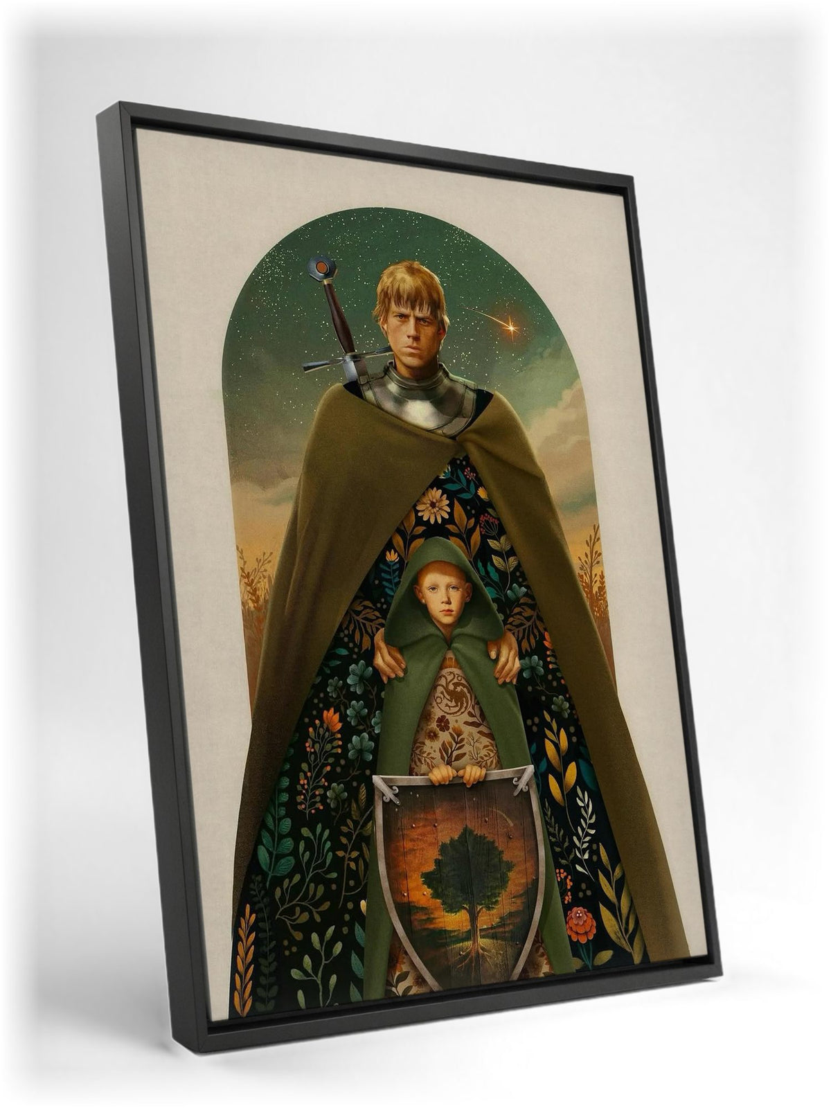 A Knight of the Seven Kingdoms Illustrated Art as a black floater framed canvas leaning against a wall