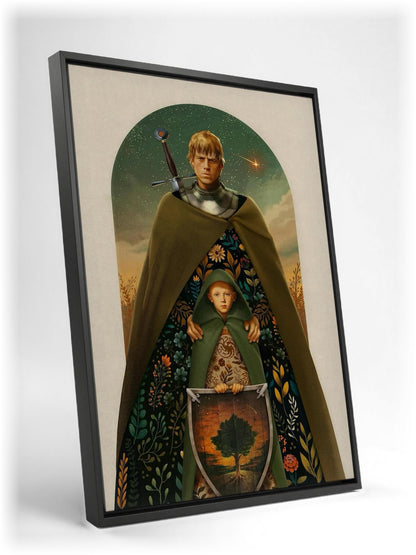A Knight of the Seven Kingdoms Illustrated Art as a black floater framed canvas leaning against a wall