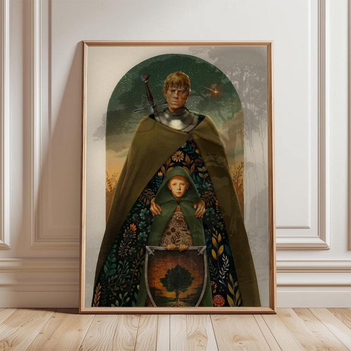 A Knight of the Seven Kingdoms Illustrated Art poster in a light oak frame leaning against a white wall