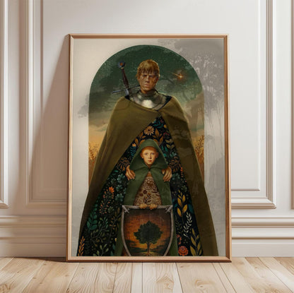 A Knight of the Seven Kingdoms Illustrated Art poster in a light oak frame leaning against a white wall