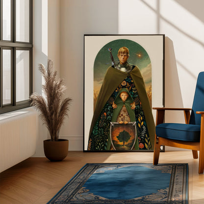 A Knight of the Seven Kingdoms Illustrated Art poster framed beside a blue armchair in a sunlit room