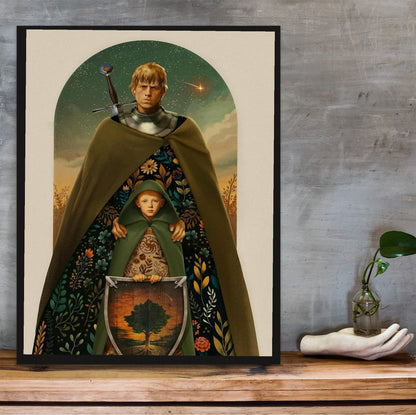 A Knight of the Seven Kingdoms Illustrated Art poster in a black frame on a wooden shelf against concrete