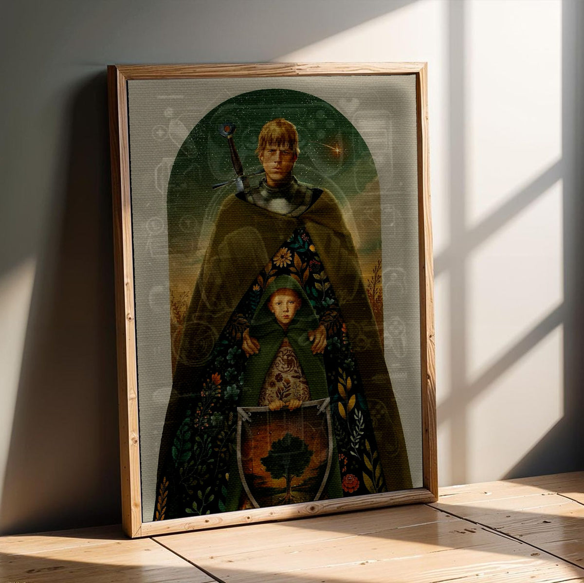 A Knight of the Seven Kingdoms Illustrated Art poster in an oak frame leaning on a wooden floor