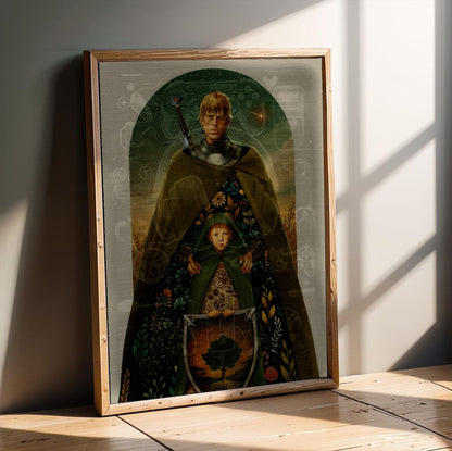 A Knight of the Seven Kingdoms Illustrated Art poster in an oak frame leaning on a wooden floor