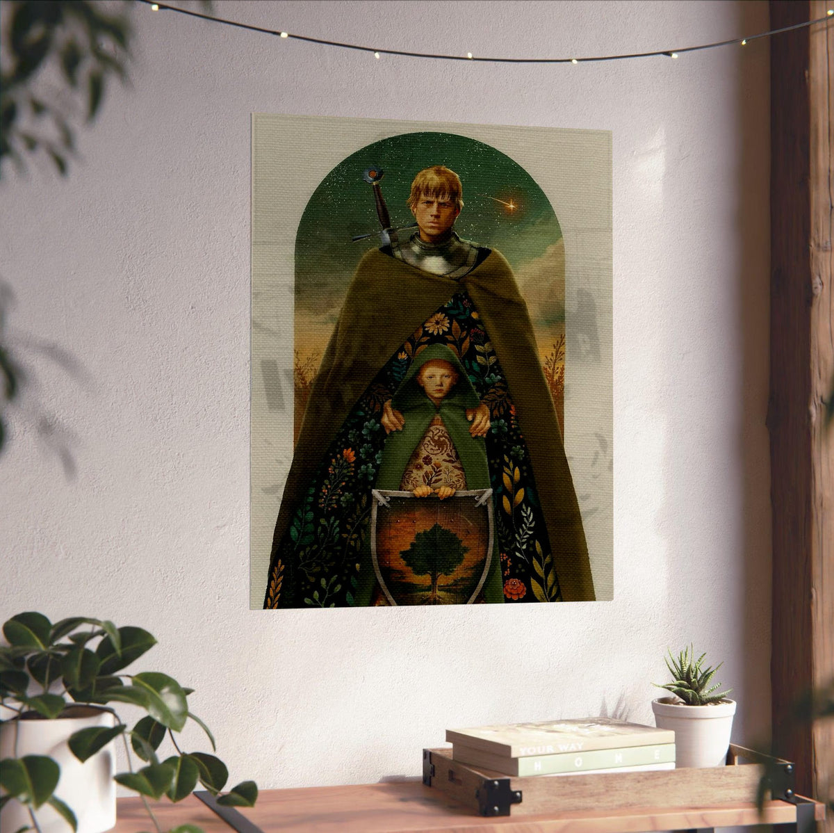 A Knight of the Seven Kingdoms Illustrated Art poster unframed on a white wall above a desk
