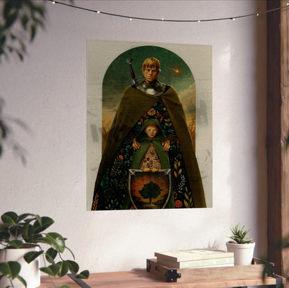 A Knight of the Seven Kingdoms Illustrated Art poster unframed on a white wall above a desk