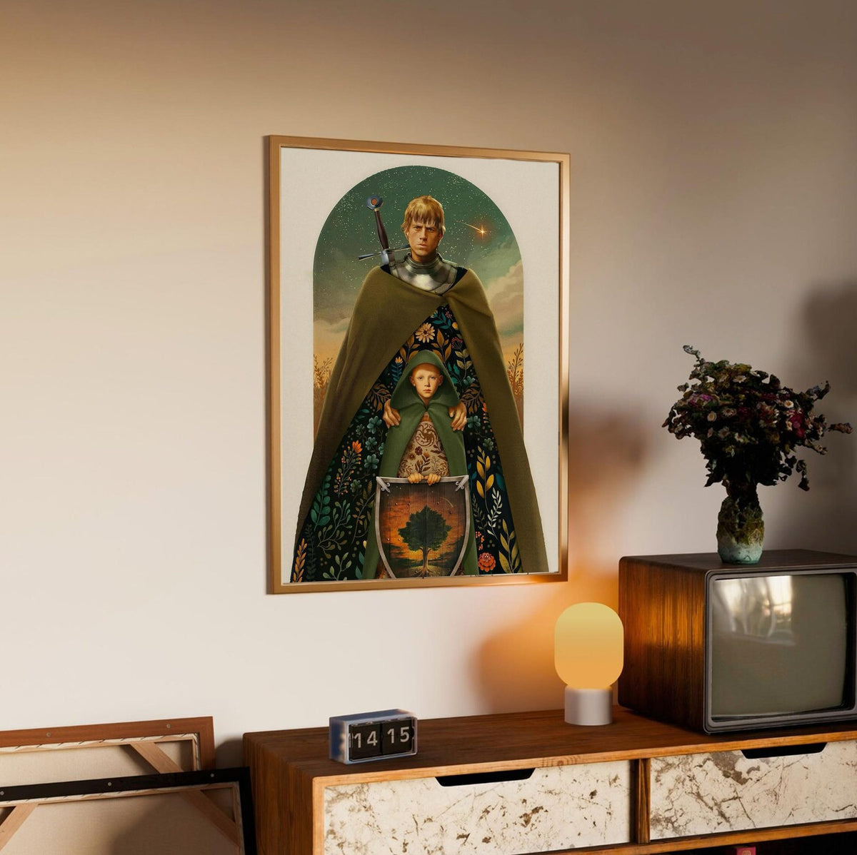 A Knight of the Seven Kingdoms Illustrated Art poster in an oak frame above a sideboard