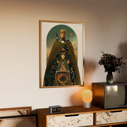 A Knight of the Seven Kingdoms Illustrated Art poster in an oak frame above a sideboard