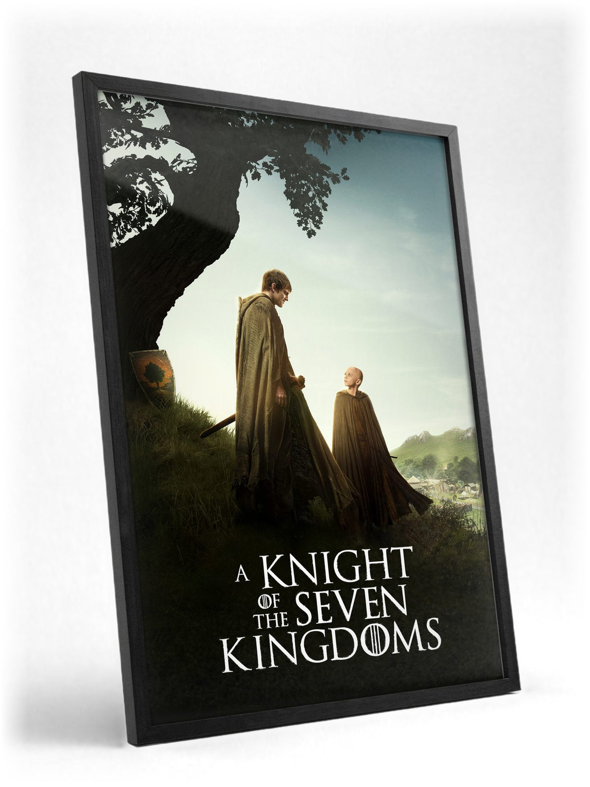 A Knight of the Seven Kingdoms Key Art poster in a black frame with glass leaning against a wall