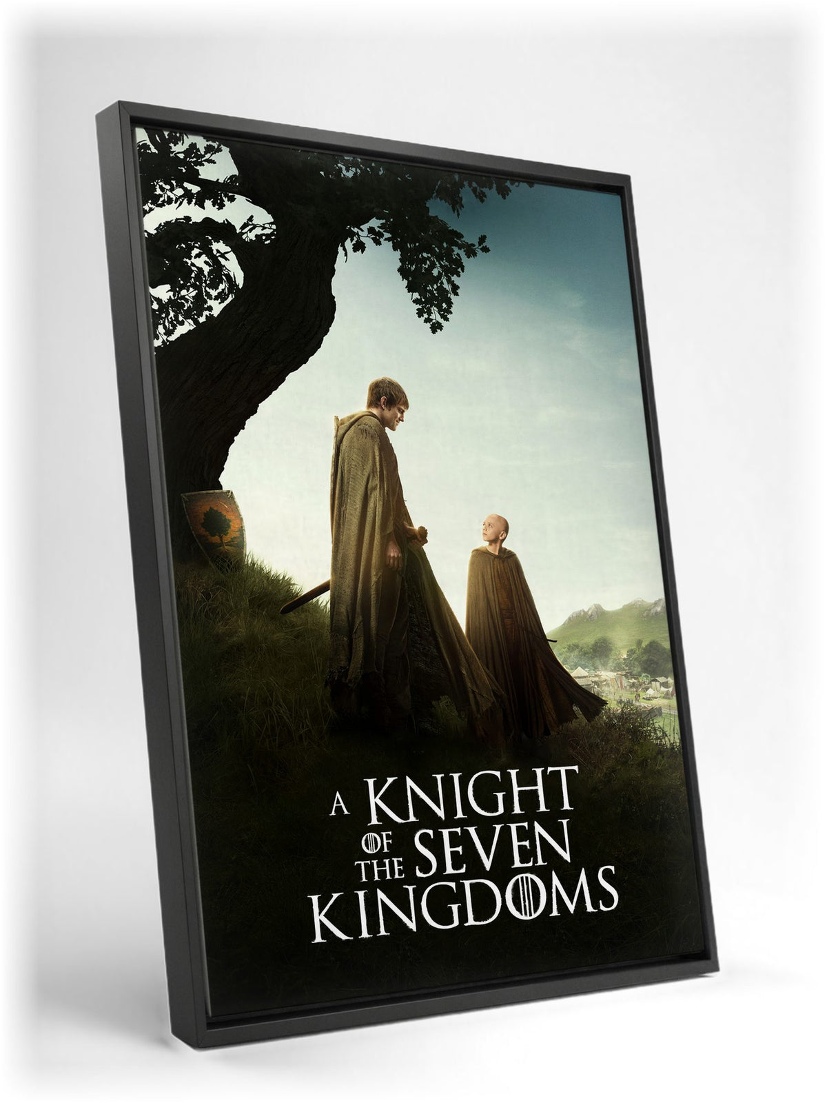 A Knight of the Seven Kingdoms Key Art as a black floater framed canvas leaning against a wall