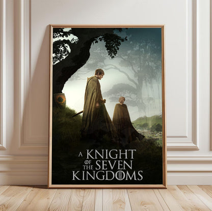 A Knight of the Seven Kingdoms Key Art poster in a light oak frame leaning against a white wall