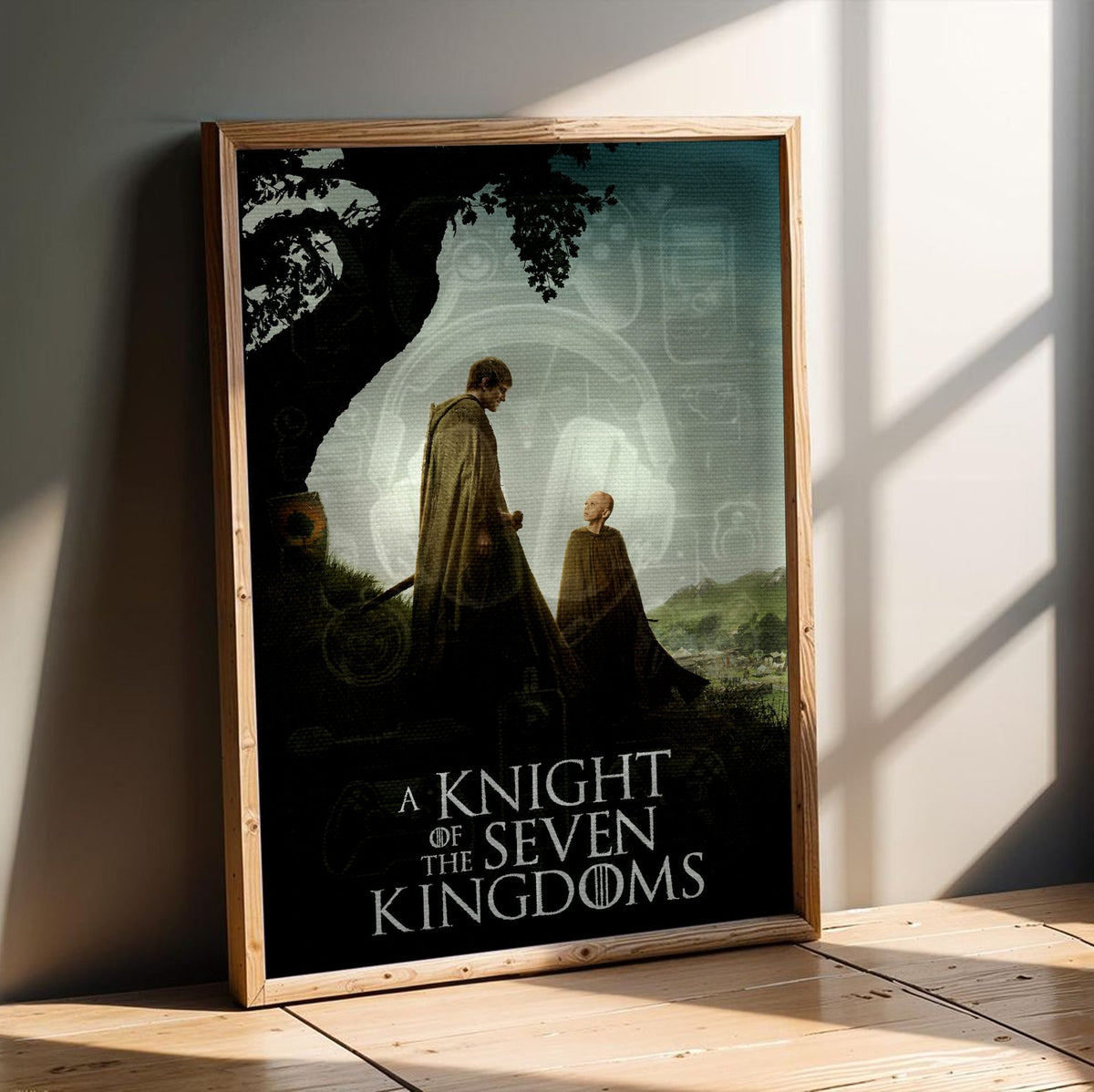 A Knight of the Seven Kingdoms Key Art poster in an oak frame leaning on a wooden floor