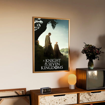 A Knight of the Seven Kingdoms Key Art poster in an oak frame above a sideboard