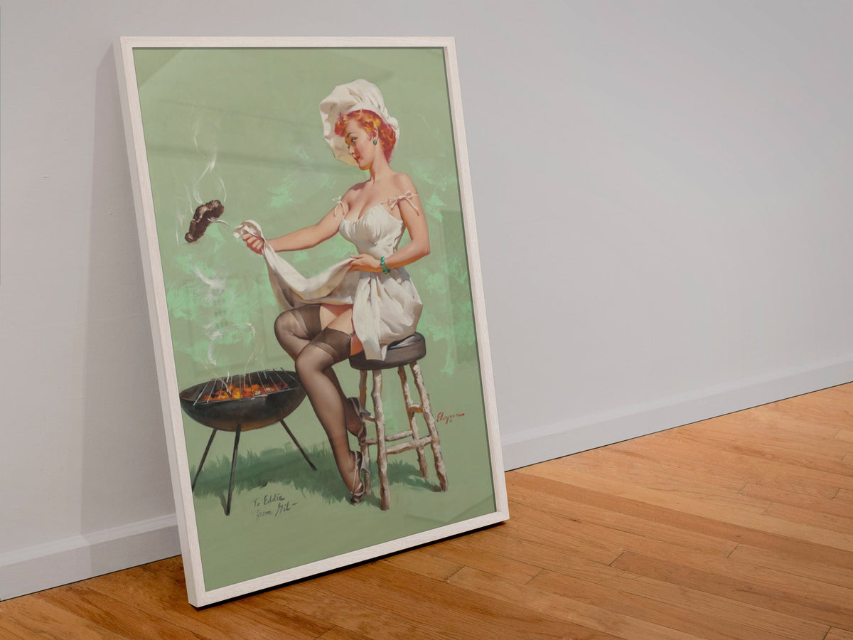 A Lot at Steak by Gil Elvgren, pin-up poster — leaning frame
