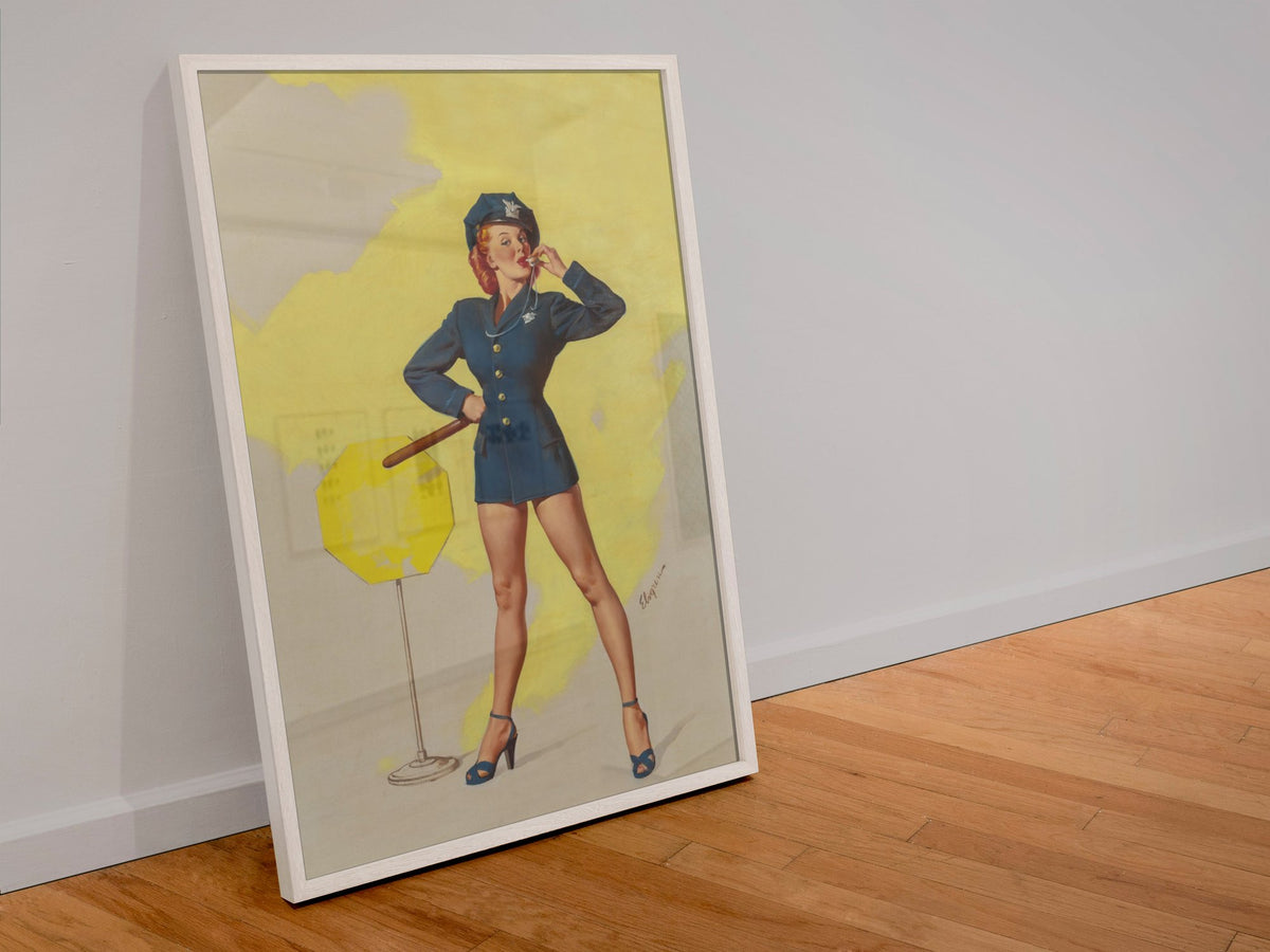 A Real Stopper by Gil Elvgren, pin-up poster — leaning frame