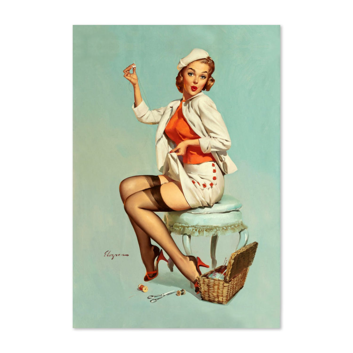 A Stitch in Time by Gil Elvgren, pin-up poster — framed print