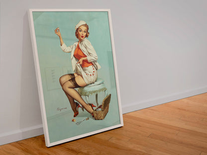 A Stitch in Time by Gil Elvgren, pin-up poster — leaning frame