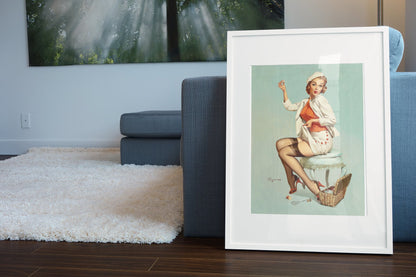 A Stitch in Time by Gil Elvgren, pin-up poster — living room wall