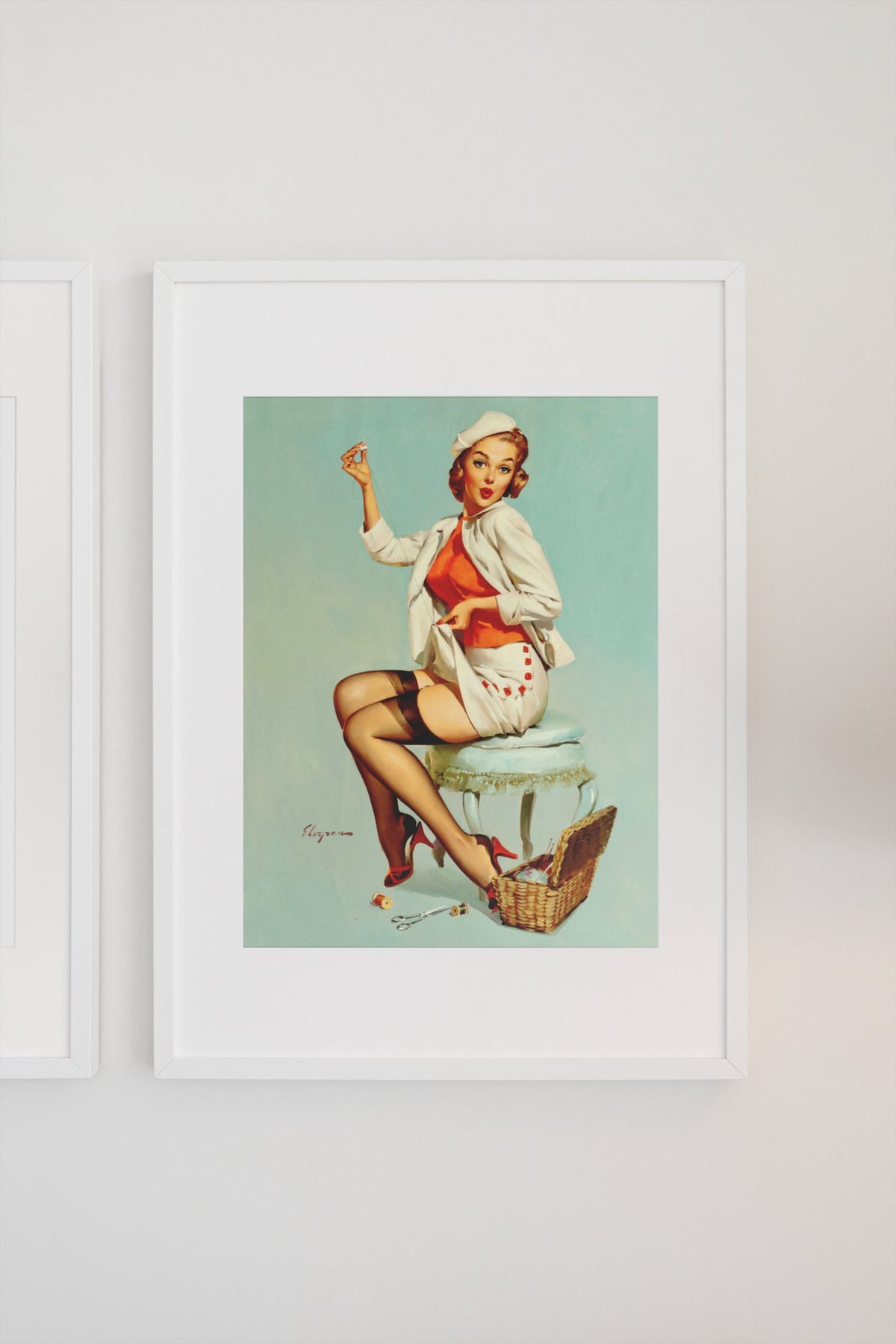 A Stitch in Time by Gil Elvgren, pin-up poster — gallery wall