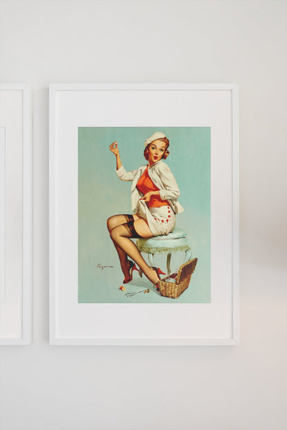 A Stitch in Time by Gil Elvgren, pin-up poster — gallery wall