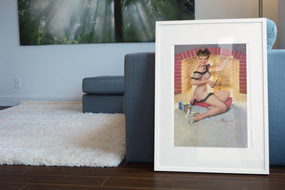 A Warm Welcome by Gil Elvgren, pin-up poster — living room wall