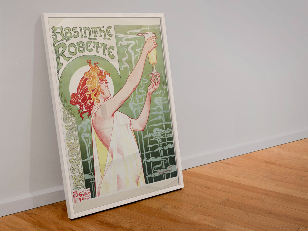 Absinthe Robette 1896 by Privat-Livemont poster in a white frame leaning against a wall