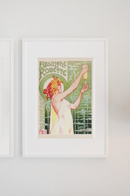 Absinthe Robette 1896 by Privat-Livemont poster in a white frame on a light wall