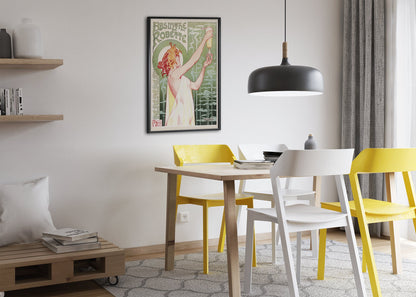 Absinthe Robette 1896 by Privat-Livemont poster framed above a dining table