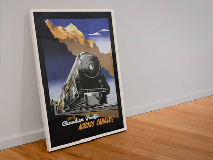 Across Canada Canadian Pacific poster in a white frame leaning against a wall