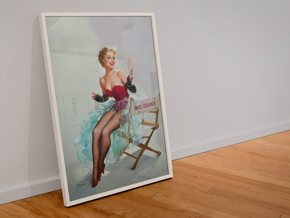 Admiring Miss Sylvania by Gil Elvgren, pin-up poster — leaning frame