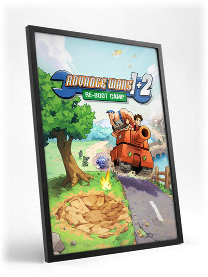 Advance Wars 1+2: Re-Boot Camp Key Art poster in a black frame with glass leaning against a wall
