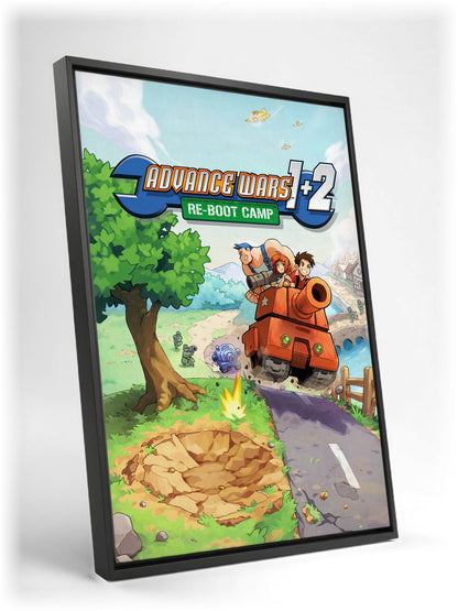 Advance Wars 1+2: Re-Boot Camp Key Art as a black floater framed canvas leaning against a wall