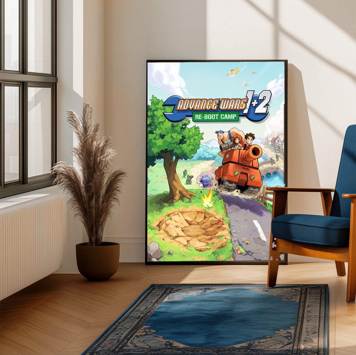 Advance Wars 1+2: Re-Boot Camp Key Art poster framed beside a blue armchair in a sunlit room