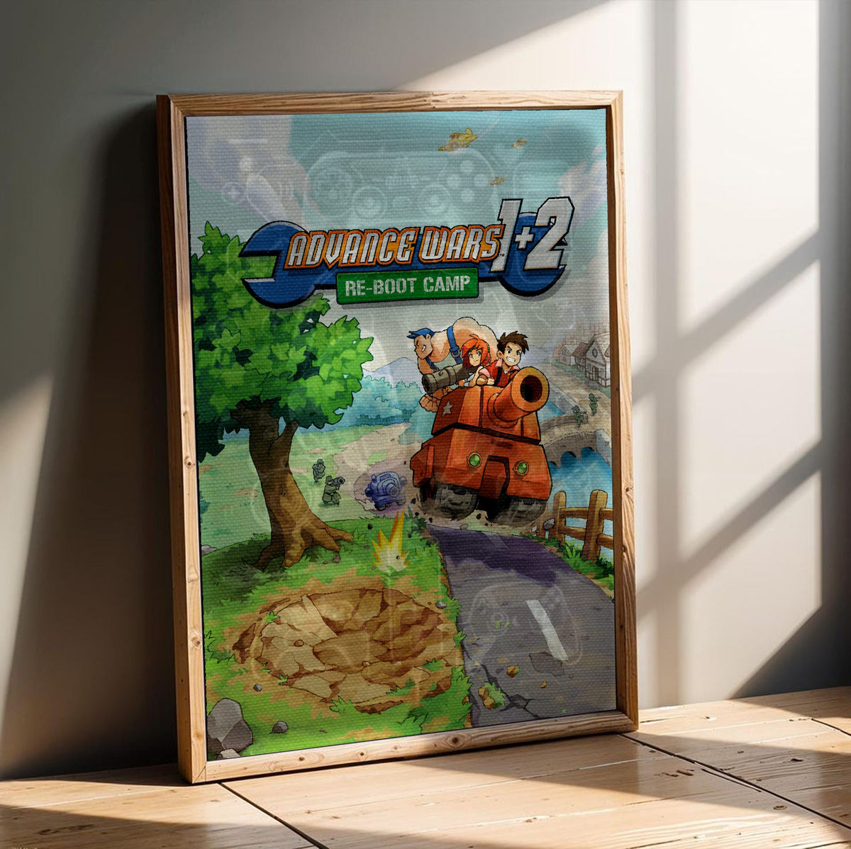 Advance Wars 1+2: Re-Boot Camp Key Art poster in an oak frame leaning on a wooden floor
