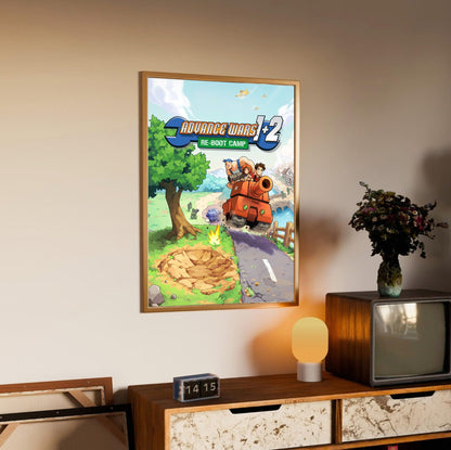 Advance Wars 1+2: Re-Boot Camp Key Art poster in an oak frame above a sideboard