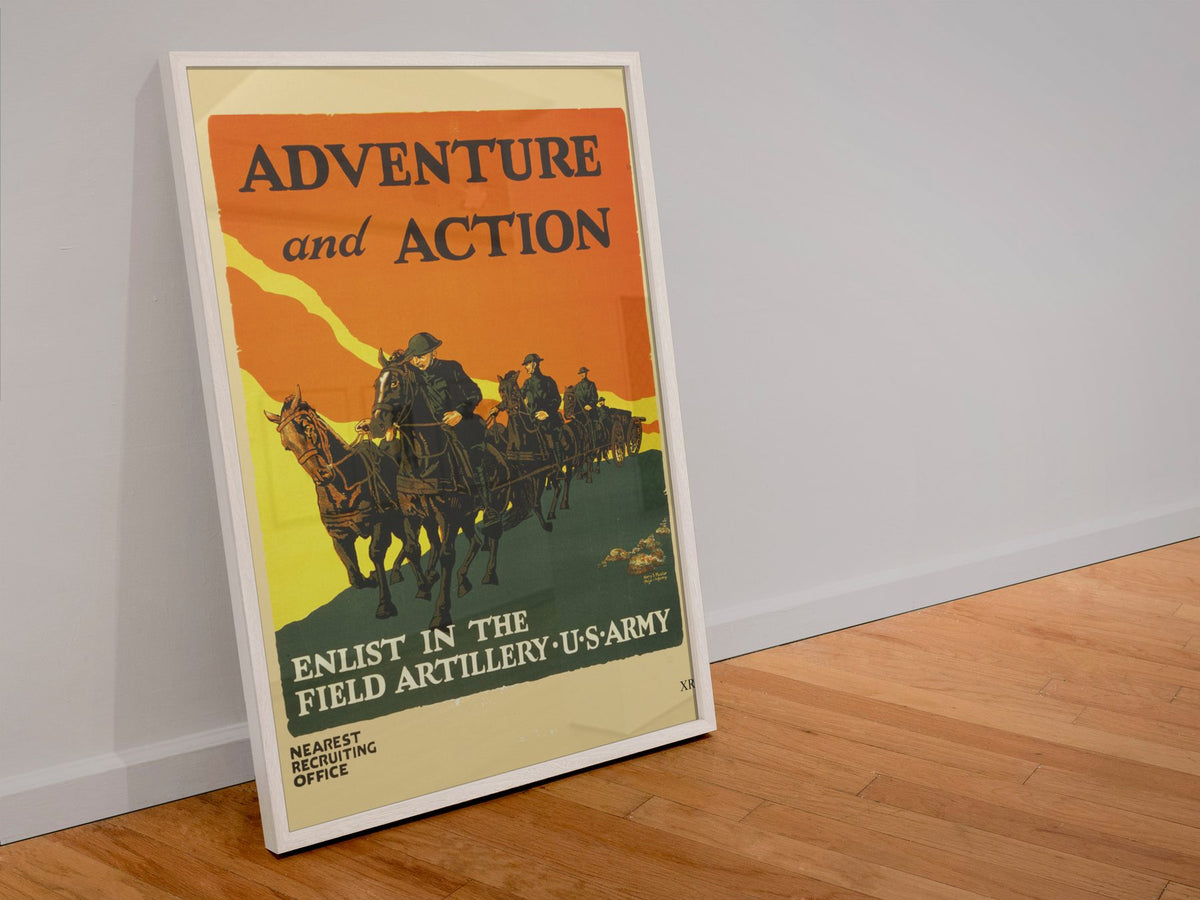 Adventure and Action — Field Artillery poster in a white frame leaning against a wall