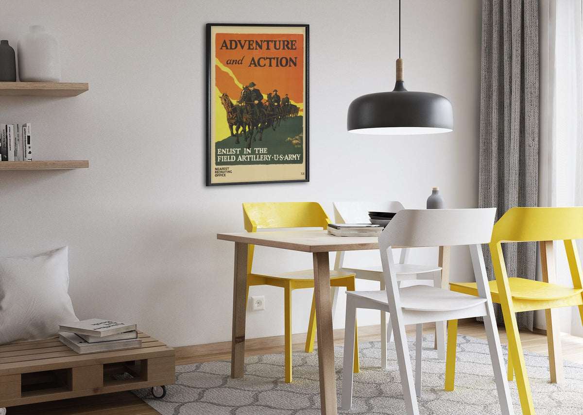 Adventure and Action — Field Artillery poster framed above a dining table