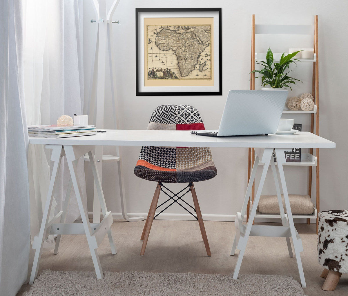 Africa & the Mediterranean 1688 Map print framed above a white desk in a home office