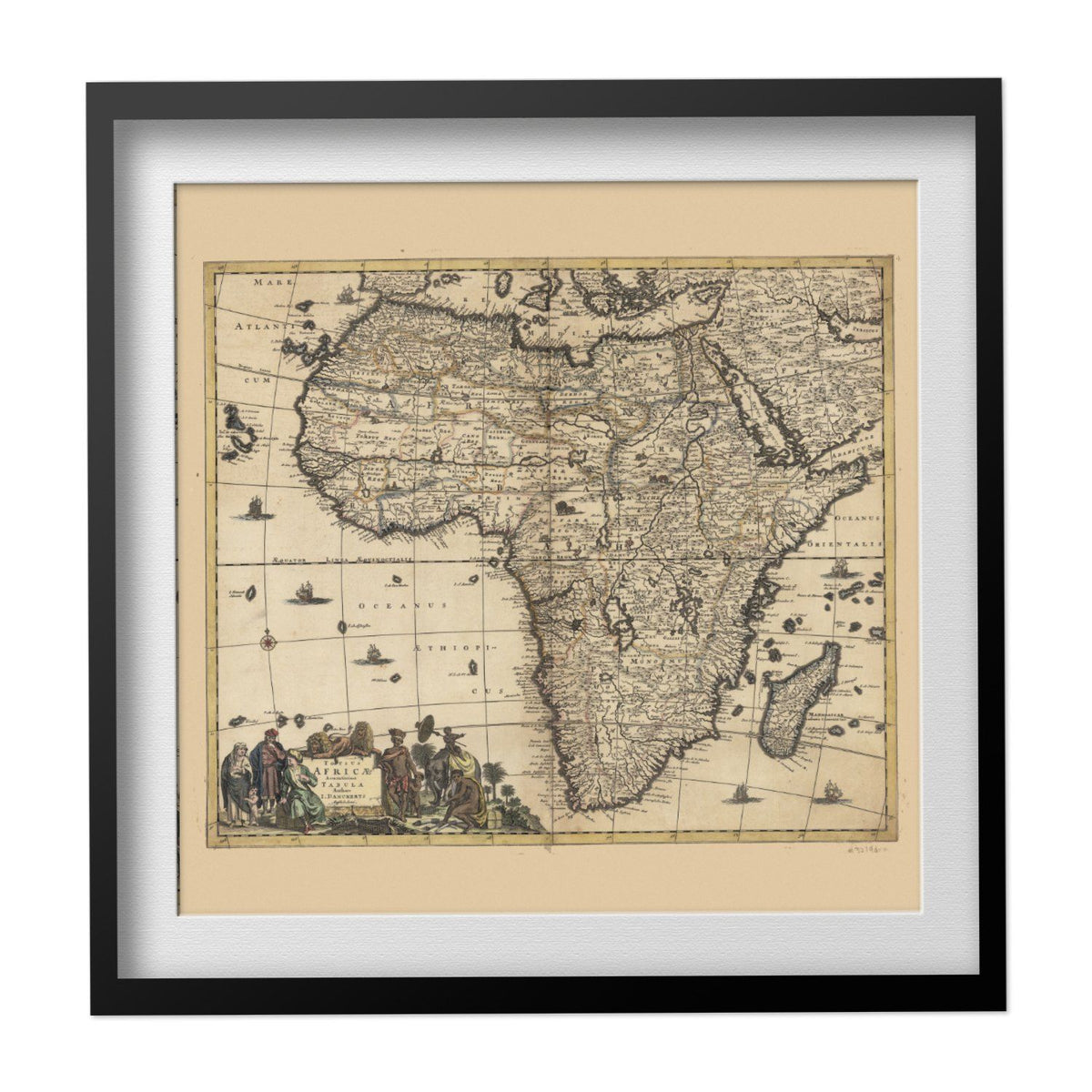 Africa & the Mediterranean 1688 Map print in a black frame with a white mat