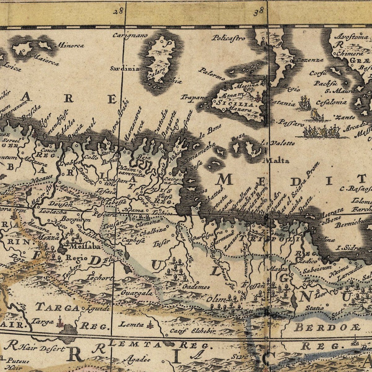 Close-up detail of the Africa & the Mediterranean 1688 Map