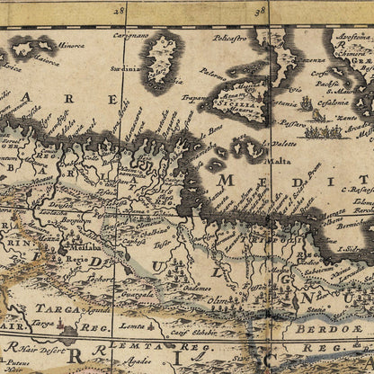 Close-up detail of the Africa & the Mediterranean 1688 Map