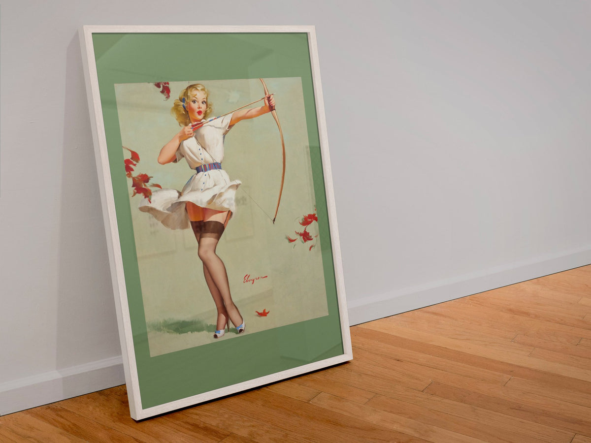 Aiming High by Gil Elvgren, pin-up poster — leaning frame