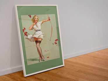 Aiming High by Gil Elvgren, pin-up poster — leaning frame