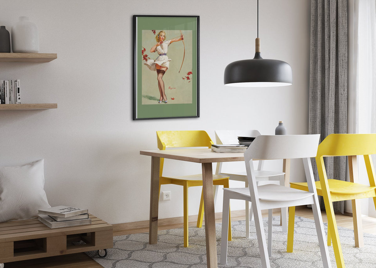 Aiming High by Gil Elvgren, pin-up poster — dining room