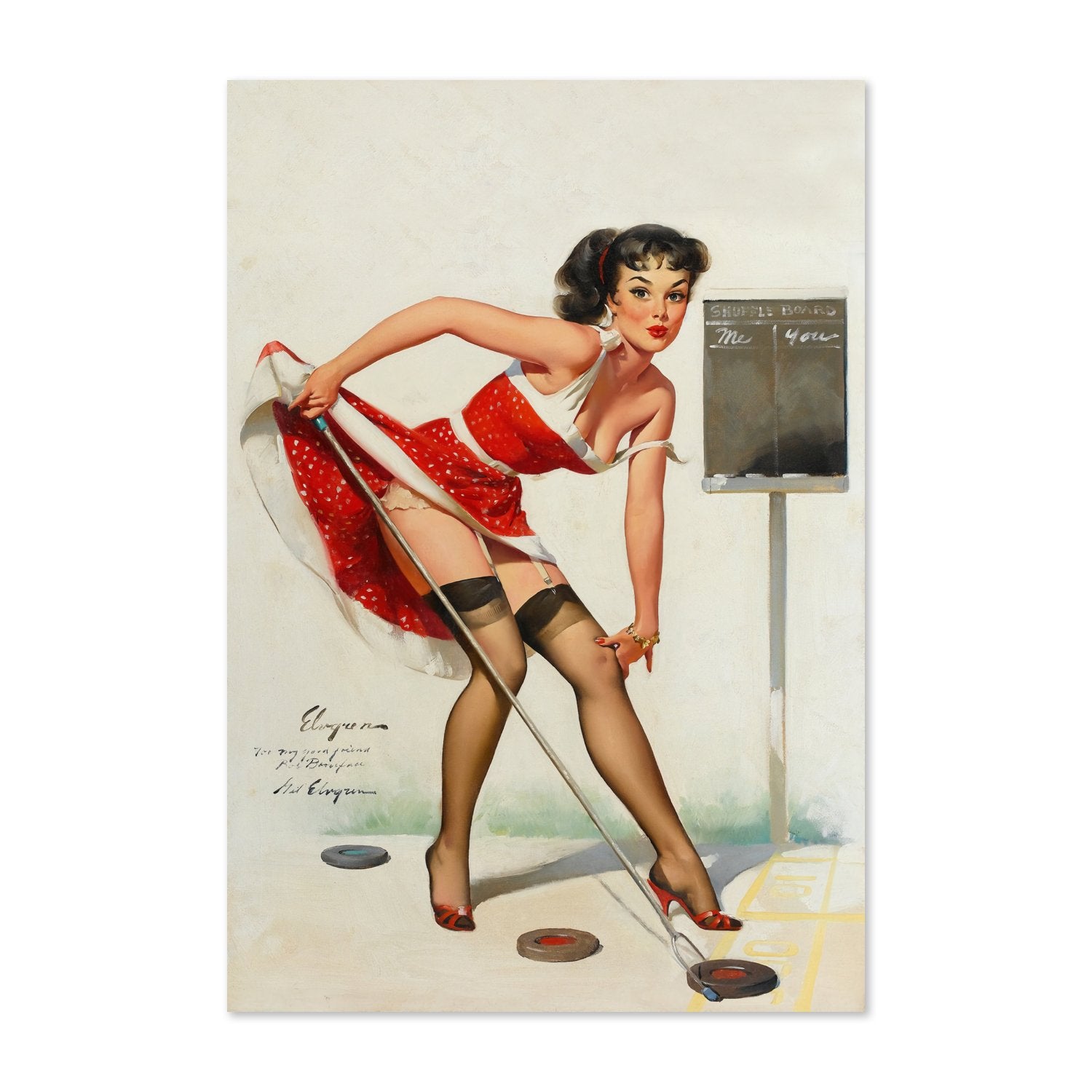 Aiming to Please by Gil Elvgren, pin-up poster — framed print