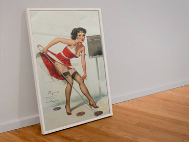 Aiming to Please by Gil Elvgren, pin-up poster — leaning frame